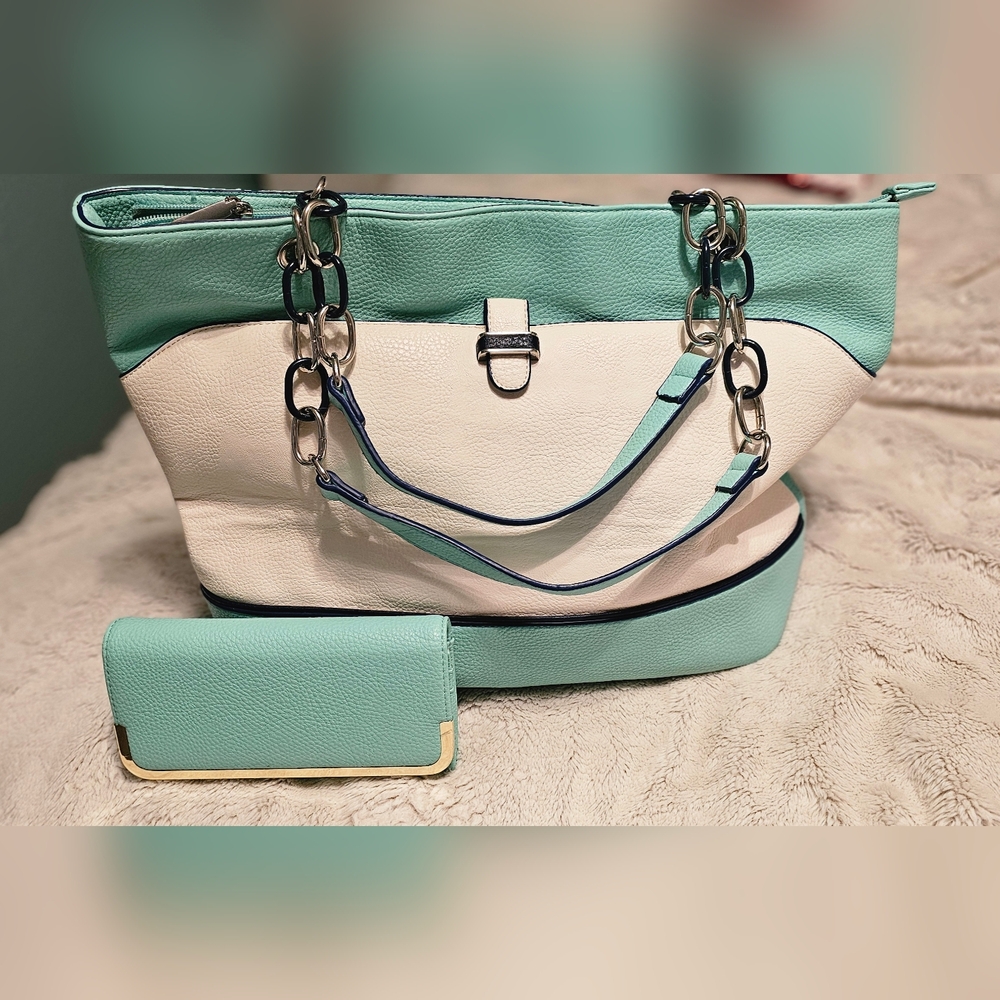 Turquoise and white purse with matching wallet.